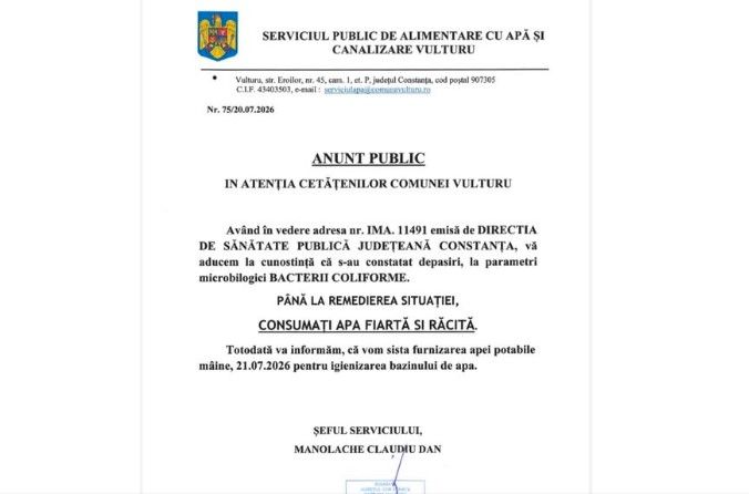 Pericol public! Au fost descoperite bacterii in reteaua de apa din localitatea Vulturu! Vezi ce spune primarul Eugen Berbec Pericol public! Au fost descoperite bacterii in reteaua de apa din localitatea Vulturu! Vezi ce spune primarul Eugen Berbec