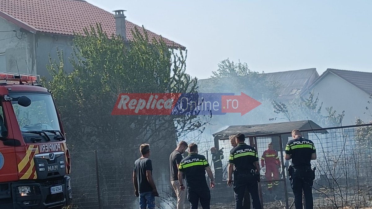 Incendiu de vegetatie uscata cu degajari mari de fum la intrare in localitatea Cumpana. Video