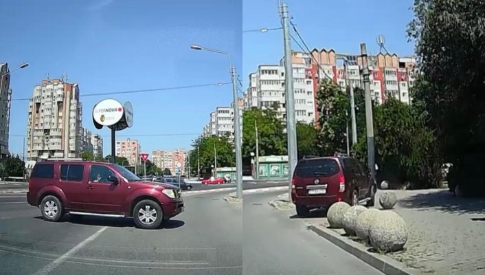 Jungla din traficul constănțean: Un șofer a tăiat linia continuă, a blocat drumul și a spulberat un decor din piatră de pe trotuar! Video