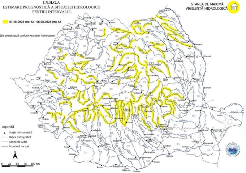 Hidrologii au emis o noua avertizare de Cod Galben de viituri si inundatii locale. Sunt vizate 28 de judete