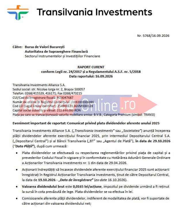 Transilvania Investments Alliance, compania care detine mai multe active pe litoral, distribuie dividende de peste 32 de mil. de lei Transilvania Investments Alliance, compania care detine mai multe active pe litoral, distribuie dividende de peste 32 de mil. de lei