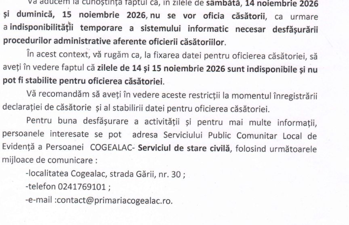 Primaria Cogealac, anunt important pentru cuplurile care vor sa se casatoreasca! Primaria Cogealac, anunt important pentru cuplurile care vor sa se casatoreasca!