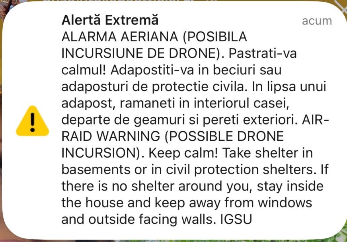 Mesaj Ro-Alert, emis in judetul Tulcea! Posibila incursiune de drone, in spatiul aerian Mesaj Ro-Alert, emis in judetul Tulcea! Posibila incursiune de drone, in spatiul aerian