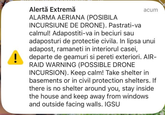 Mesaj Ro-Alert, emis în județul Tulcea! Posibilă incursiune de drone, în spațiul aerian Mesaj Ro-Alert, emis în județul Tulcea! Posibilă incursiune de drone, în spațiul aerian