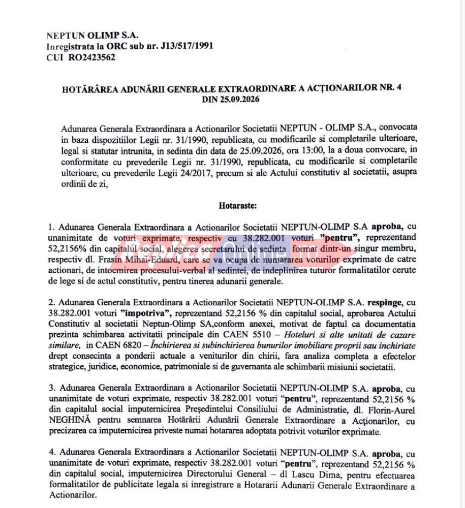 A fost respinsa transformarea SC Neptun Olimp SA in agentie imobiliara din societate hoteliera. Mai multe milioane de euro s-ar fi evaporat A fost respinsa transformarea SC Neptun Olimp SA in agentie imobiliara din societate hoteliera. Mai multe milioane de euro s-ar fi evaporat