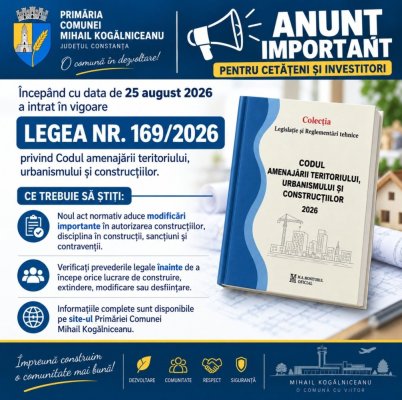 Primăria Mihail Kogălniceanu, anunț despre noile reglementări în urbanism