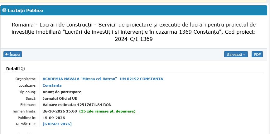 Un proiect de 42 de milioane de lei, blocat din cauza caietului de sarcini, la Academia Navala „Mircea cel Batran“ Un proiect de 42 de milioane de lei, blocat din cauza caietului de sarcini, la Academia Navala „Mircea cel Batran“