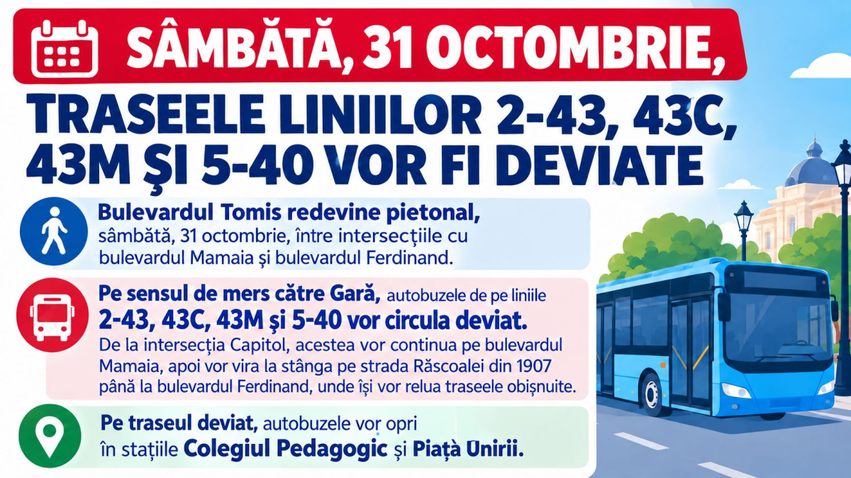 Traseele liniilor 2-43, 43C, 43M si 5-40 vor fi deviate sambata! Bulevardul Tomis redevine pietonal