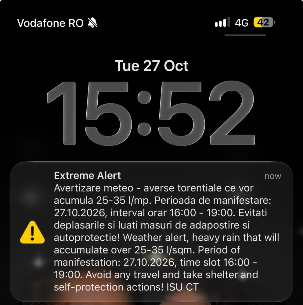A fost emis un nou mesaj RO-Alert pe raza judetului Constanta privind Codul galben de ploi A fost emis un nou mesaj RO-Alert pe raza judetului Constanta privind Codul galben de ploi