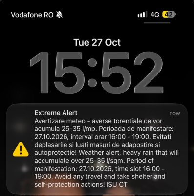 A fost emis un nou mesaj RO-Alert pe raza județului Constanța privind Codul galben de ploi