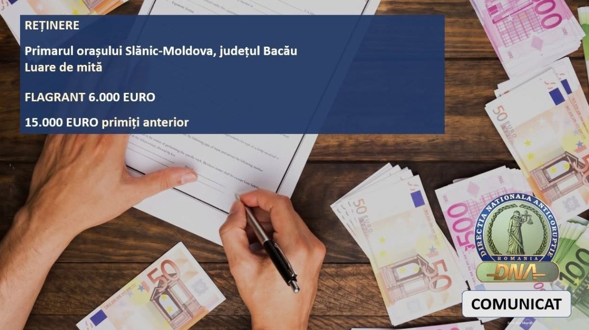 Primarul orasului Slanic Moldova, retinut de DNA dupa ce a luat mita in valoare de 6.000 de euro