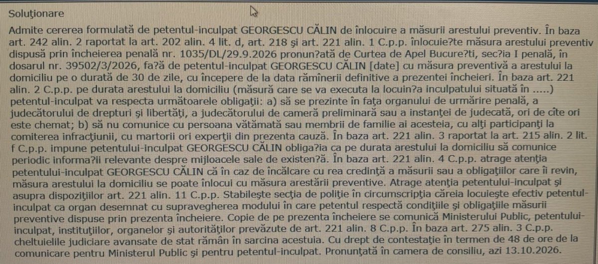 Motivarea instantei in cazul Calin Georgescu: A revenit de fiecare data in tara si nu s-a sustras anchetelor Motivarea instantei in cazul Calin Georgescu: A revenit de fiecare data in tara si nu s-a sustras anchetelor