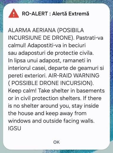 O noua alerta aeriana la granita Romaniei. Populatia, avertizata prin Ro-Alert privind posibile drone O noua alerta aeriana la granita Romaniei. Populatia, avertizata prin Ro-Alert privind posibile drone