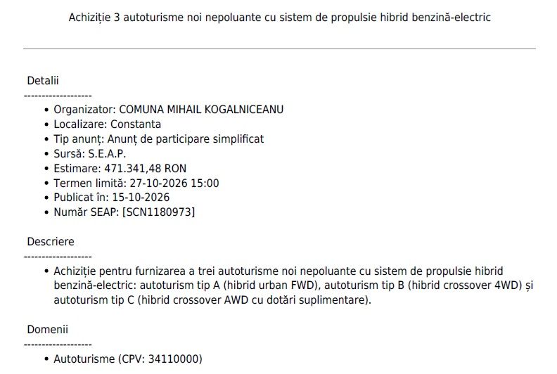 Primaria Mihail Kogalniceanu investeste in transportul nepoluant: trei masini hibride vor ajunge in dotarea institutiei Primaria Mihail Kogalniceanu investeste in transportul nepoluant: trei masini hibride vor ajunge in dotarea institutiei