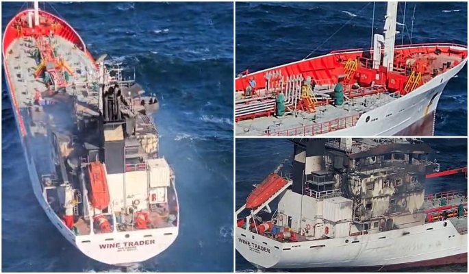 ALERTĂ MAJORĂ! Un elicopter MAI intervine pentru a salva marinarii de pe nava lovită de dronă. Video