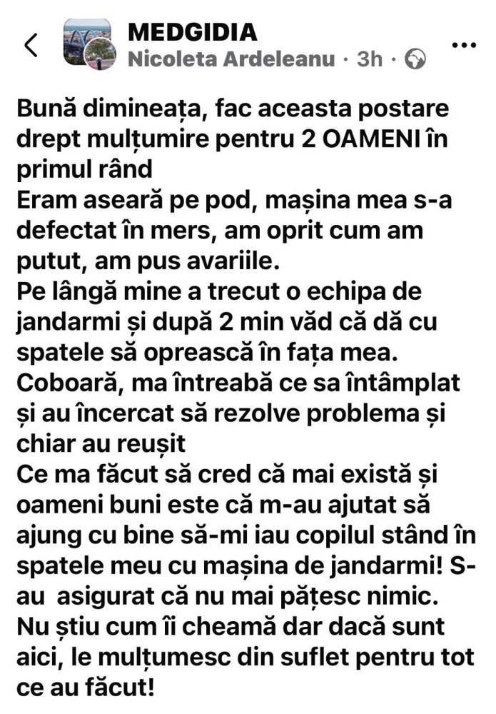 O soferita a ramas cu volanul blocat pe podul din Medgidia. Doi jandarmi i-au sarit in ajutor si au escortat-o pentru a-si recupera copilul de la mall O soferita a ramas cu volanul blocat pe podul din Medgidia. Doi jandarmi i-au sarit in ajutor si au escortat-o pentru a-si recupera copilul de la mall