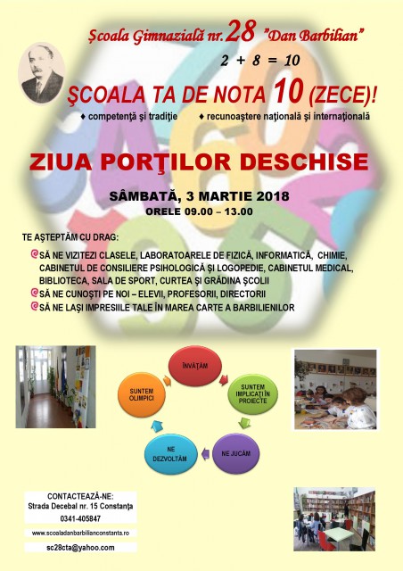 Vă pregătiți de înscrierea copilului la școală? Părinții din Constanța, invitați la Ziua Porților Deschise la Școala Gimnazială 28 „Dan Barbilian”
