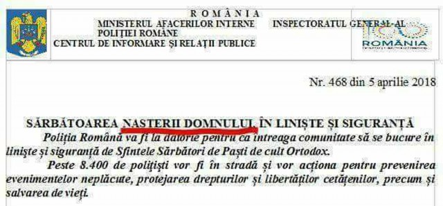 Gafă la nivel înalt, în MAI: au încurcat Paştele cu Crăciunul
