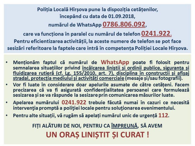 Poliția Locala Hârșova are număr de WhatsApp!