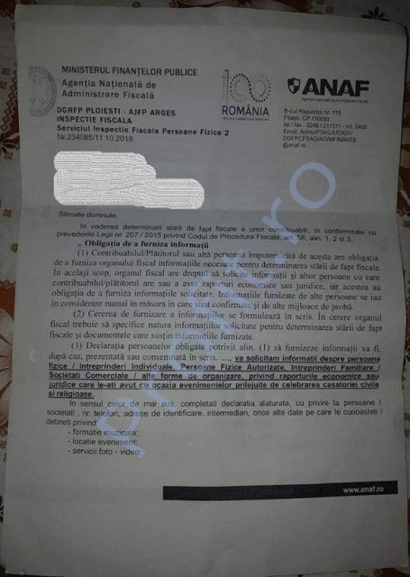 Fiscul trimite tinerilor căsătoriți formulare în care le cere să declare raporturile economice cu fotografii, formația și restaurantul