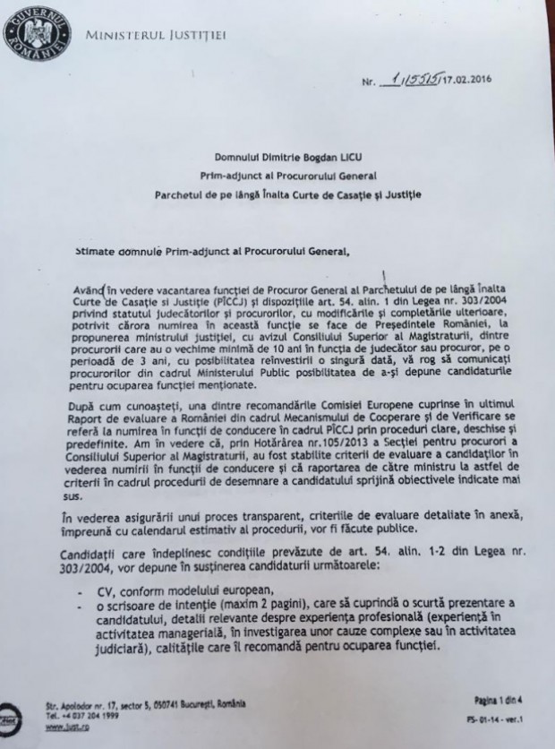 Ministerul Justiției a dat publicității procedura de selecție pentru funcția de Procuror general al României în cazul lui Augustin Lazăr