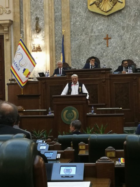 Senatorul Nicolae Moga, în costum popular la tribuna Parlamentului