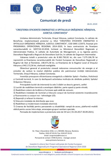 „CREȘTEREA EFICIENȚEI ENERGETICE A SPITALULUI ORĂȘENESC HÂRȘOVA, JUDEȚUL CONSTANȚA“