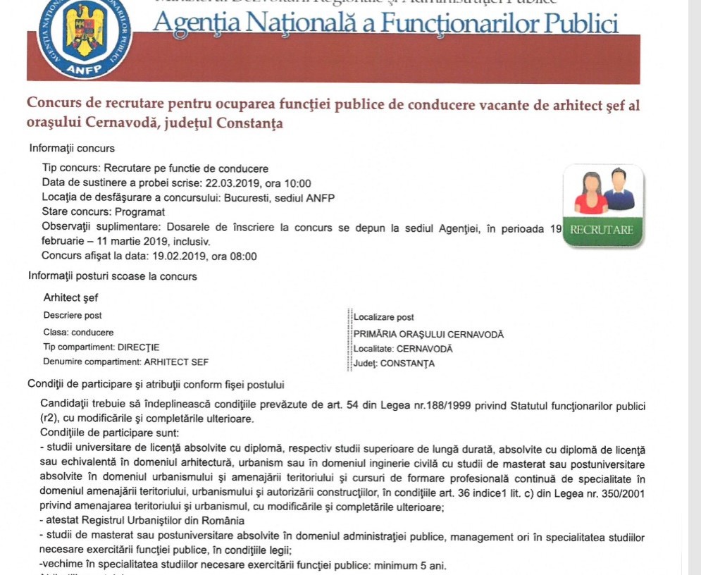 Primăria Cernavodă angajează arhitect șef! Primăria Cernavodă angajează arhitect șef!