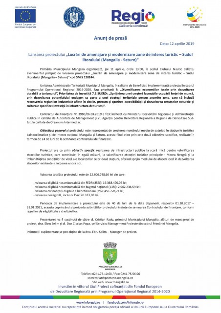 Lansarea proiectului „Lucrări de amenajare și modernizare zone de interes turistic – Sudul litoralului (Mangalia - Saturn)”