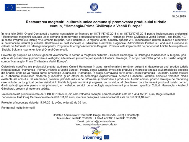 Restaurarea moștenirii culturale unice comune și promovarea produsului turistic comun, „Hamangia-Prima Civilizație a Vechii Europe”