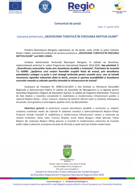 Lansarea proiectului „DEZVOLTARE TURISTICĂ ÎN STAȚIUNEA NEPTUN OLIMP”