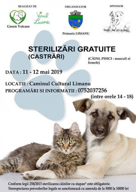 În atenţia proprietarilor de animale: Campanie de sterilizări gratuite la Limanu!