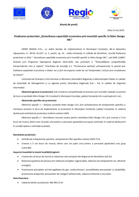 Finalizarea proiectului „Dezvoltarea capacității economice prin investiții specific la Hidro Design SRL”
