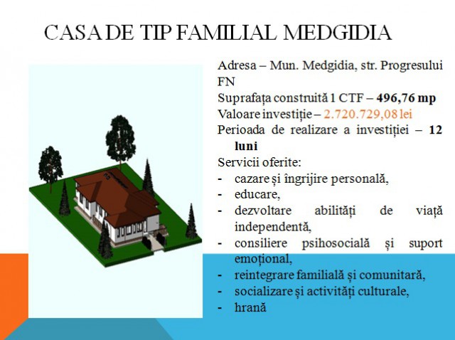 Căsuțe pentru copii abandonați și persoane cu dizabilități, în Medgidia, Nicolae Bălcescu, Chirnogeni și Topraisar