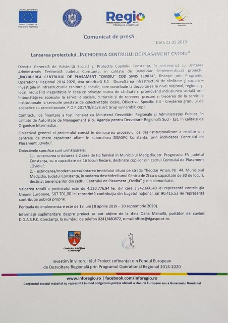 Lansarea proiectului „ÎNCHIDEREA CENTRULUI PLASAMENT OVIDIU“