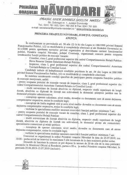 ANUNȚ. Primăria Năvodari a scos posturi la concurs