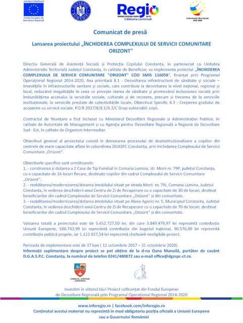 Lansarea proiectului „ÎNCHIDEREA COMPLEXULUI DE SERVICII COMUNITARE ORIZONT