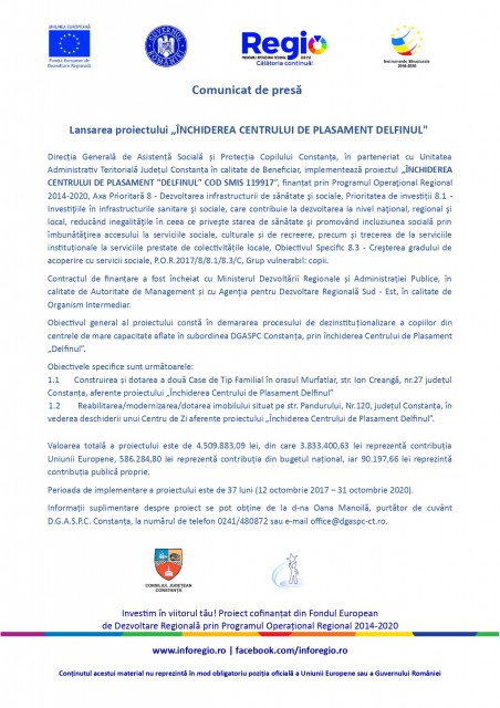 Lansarea proiectului „ÎNCHIDEREA CENTRULUI DE PLASAMENT DELFINUL