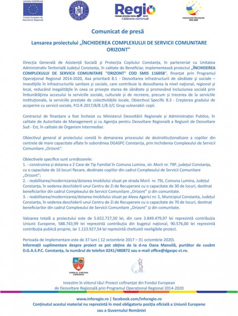 Lansarea proiectului „ÎNCHIDEREA COMPLEXULUI DE SERVICII COMUNITARE ORIZONT