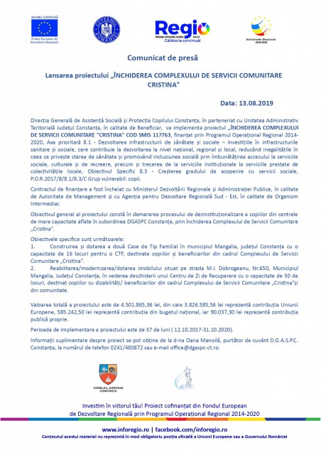 Lansarea proiectului „ÎNCHIDEREA COMPLEXULUI DE SERVICII COMUNITARE CRISTINA“