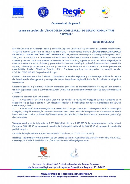 Lansarea proiectului „ÎNCHIDEREA COMPLEXULUI DE SERVICII COMUNITARE CRISTINA“