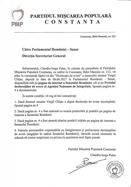 Claudiu Palaz a sesizat și Senatul cu privire la averea lui Vergil Chițac