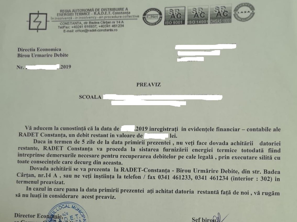 RADET A TRANSMIS PREAVIZE UNOR ŞCOLI! 'Dacă Primăria nu ne dă bani, de unde să plătim?!' RADET A TRANSMIS PREAVIZE UNOR ŞCOLI! 'Dacă Primăria nu ne dă bani, de unde să plătim?!'