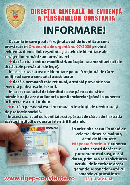 Atenție, constănțeni: În ce cazuri este posibilă legal reţinerea actului de identitate?