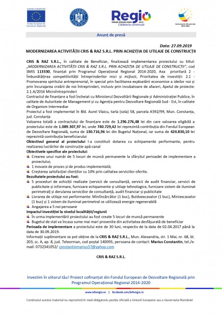 MODERNIZAREA ACTIVITĂȚII CRIS & RAZ S.R.L. PRIN ACHIZIȚIA DE UTILAJE DE CONSTRUCȚII