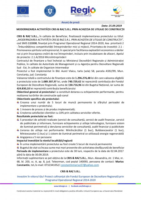 MODERNIZAREA ACTIVITĂȚII CRIS & RAZ S.R.L. PRIN ACHIZIȚIA DE UTILAJE DE CONSTRUCȚII