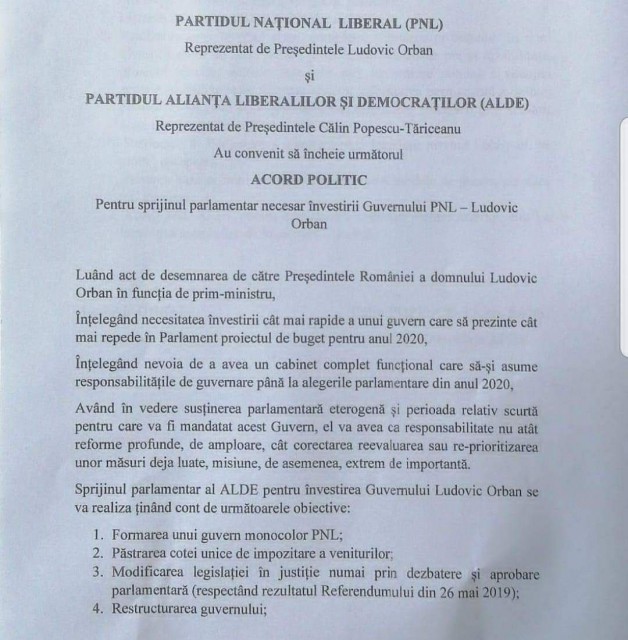 Acord politic între PNL şi ALDE! Iată DOCUMENTUL!