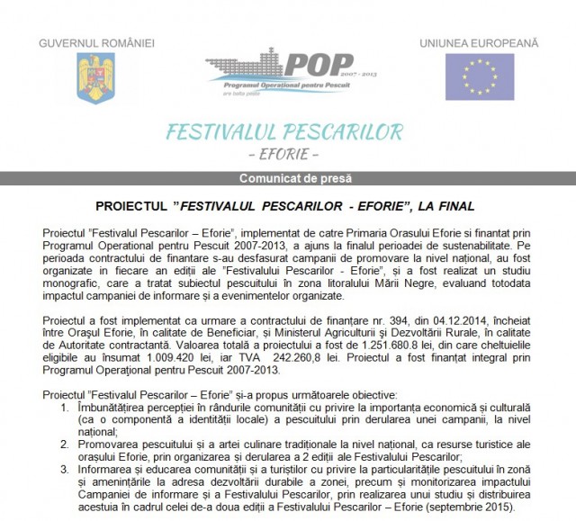 PROIECTUL ”FESTIVALUL PESCARILOR - EFORIE”, LA FINAL
