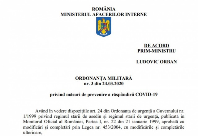 Textul integral al Ordonanţei Militare nr. 3/2020, prin care se instituie carantina generală în România