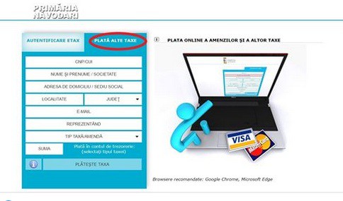 Plata online a amenzilor și a altor taxe locale din Năvodari, fără autentificare cu user și parolă în sistemul ETAX!